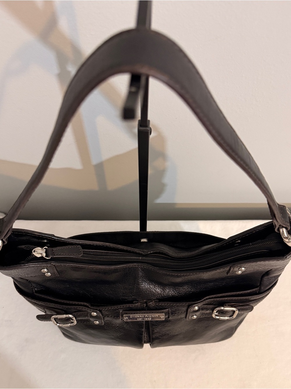 Etienne Aigner Black Leather Hobo Shoulder Bag Buckle Accents Y2K - Picture 11 of 16